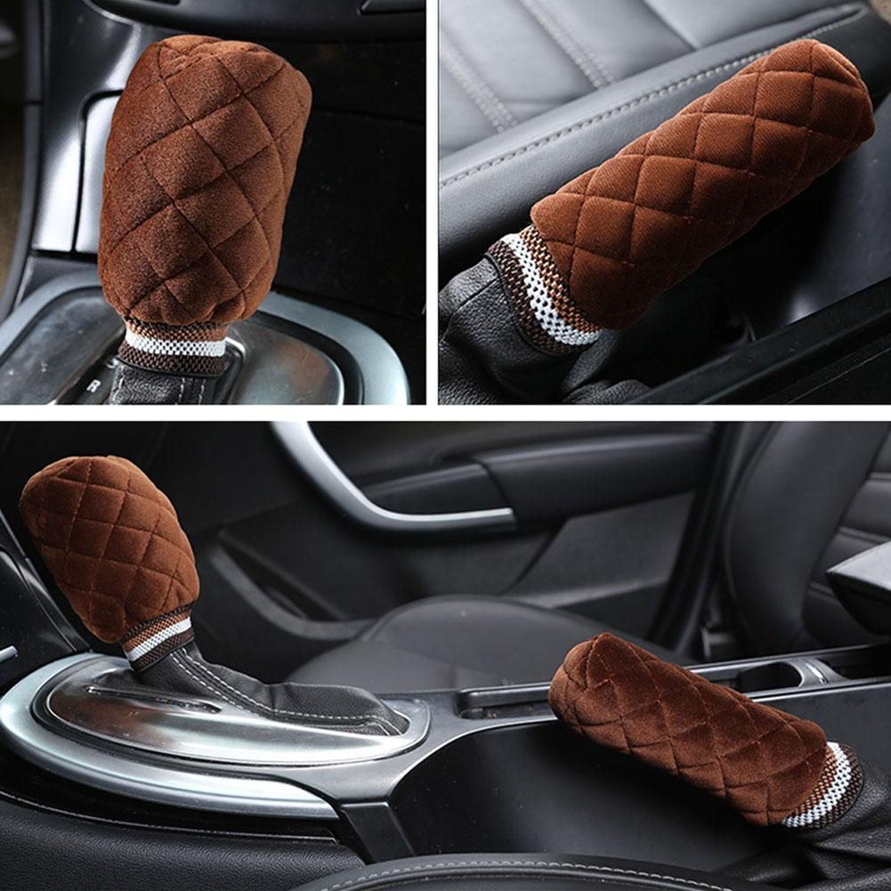 2Pcs Plush Car Interior Gear Shift Knob Cover Warm-Black