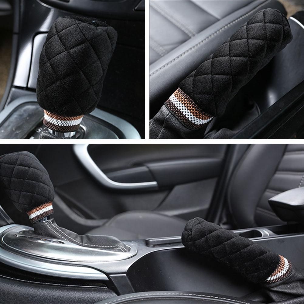 2Pcs Plush Car Interior Gear Shift Knob Cover Warm-Black