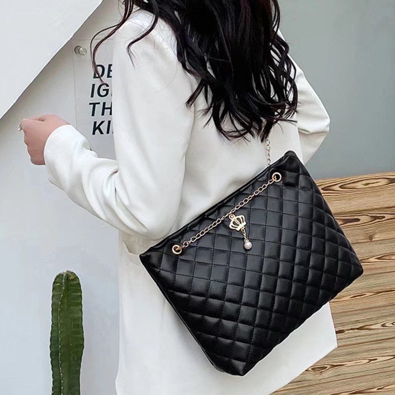 Women Fashion High Capacity Tote Bag Crown Pearl Shoulder Bag Chain Rhombus Handbags For Ladies