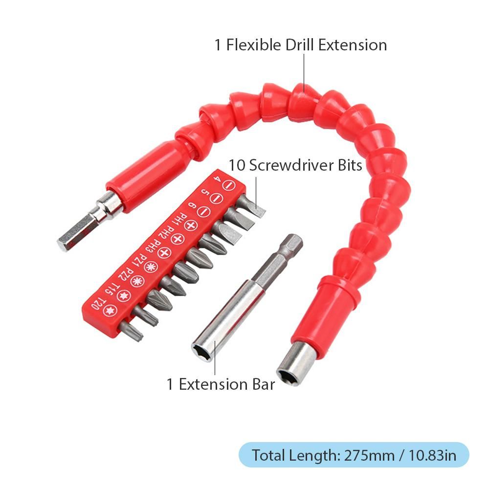 Flexible Drill Bit Extension 275mm Bendable Soft Shaft with 10Pcs Screwdriver Bit Set 1Pc Magnetic Drill Extension Bar for Home Furniture