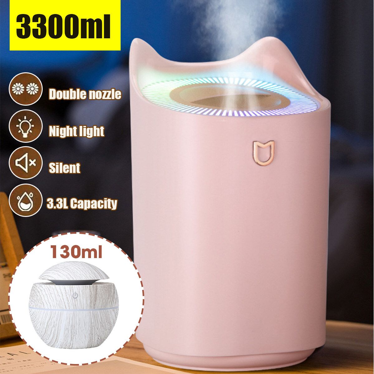 3.3L Humidifier USB Large Capacity Home Office Bedroom LED Lights Essential Oil Diffuser Waterless Auto Shut-off Pink