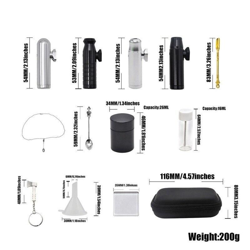 11Pcs/set Snuff Bottle Kit Set Aluminum  Snuff Sniffer+Storage Container Jar+ Plastic Funnel + Metal Dispenser Spoon