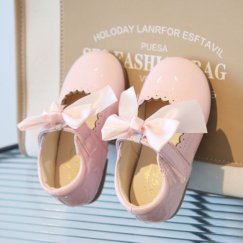 Summer Baby Girl Patent First Birthday Party Shoe With Bow/Thick Sole- Pink