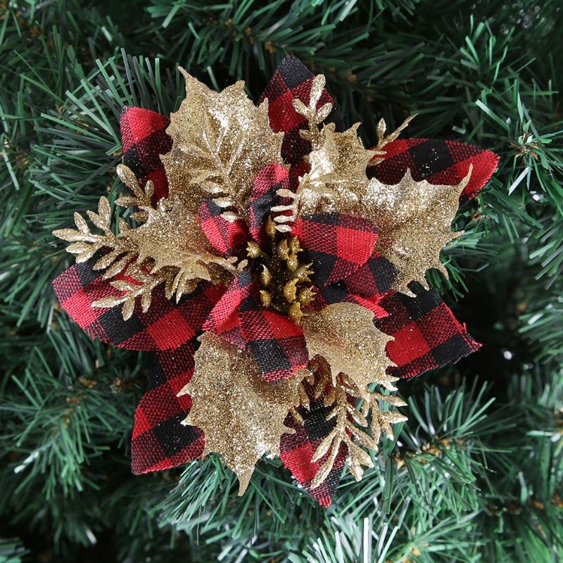 5 PCS Gold Powder Plaid Christmas Flower Christmas Tree Decoration(Red+Gold Leaf)