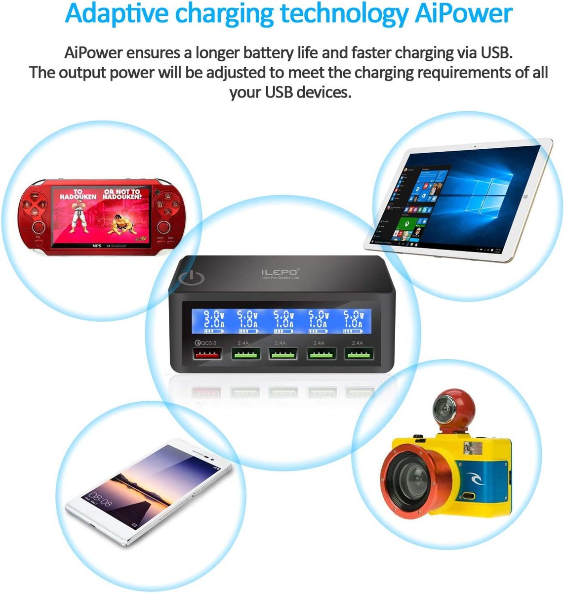 LED Digital Display, 5-Port Multi Charger Station
