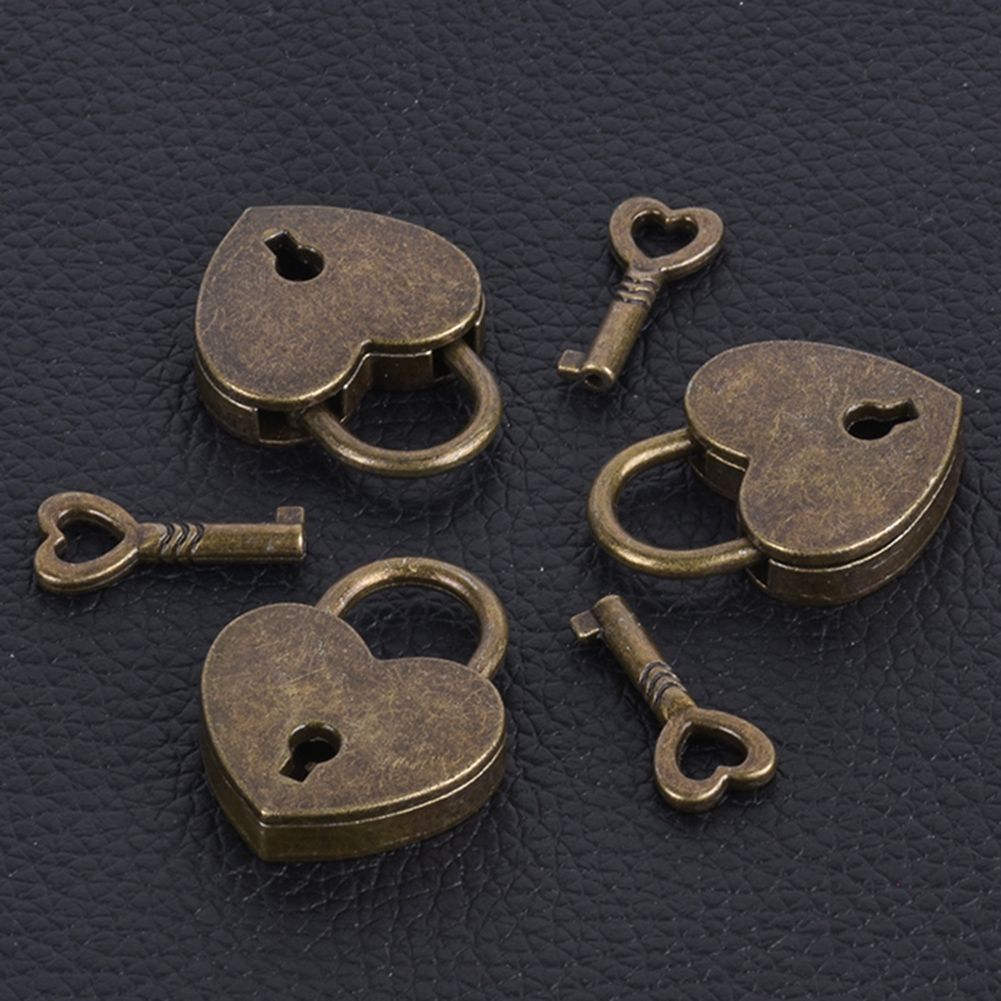 Vintage Heart Shape Mini Padlock Bag Travel Suitcase Luggage Box Case Key Lock-Antique Brass