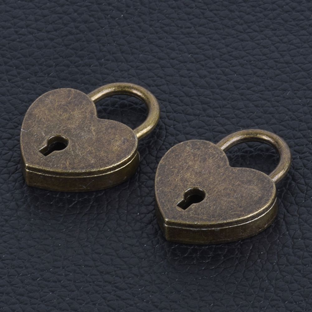 Vintage Heart Shape Mini Padlock Bag Travel Suitcase Luggage Box Case Key Lock-Antique Brass