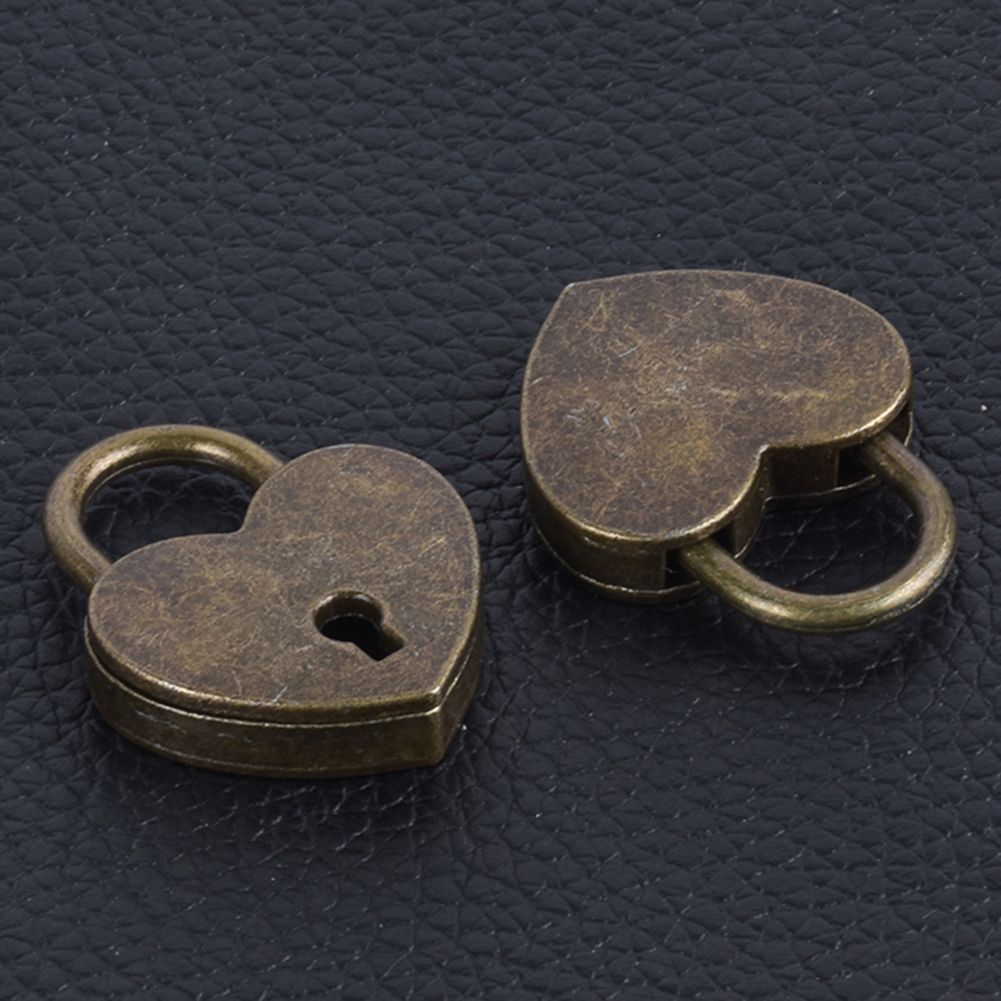 Vintage Heart Shape Mini Padlock Bag Travel Suitcase Luggage Box Case Key Lock-Antique Brass