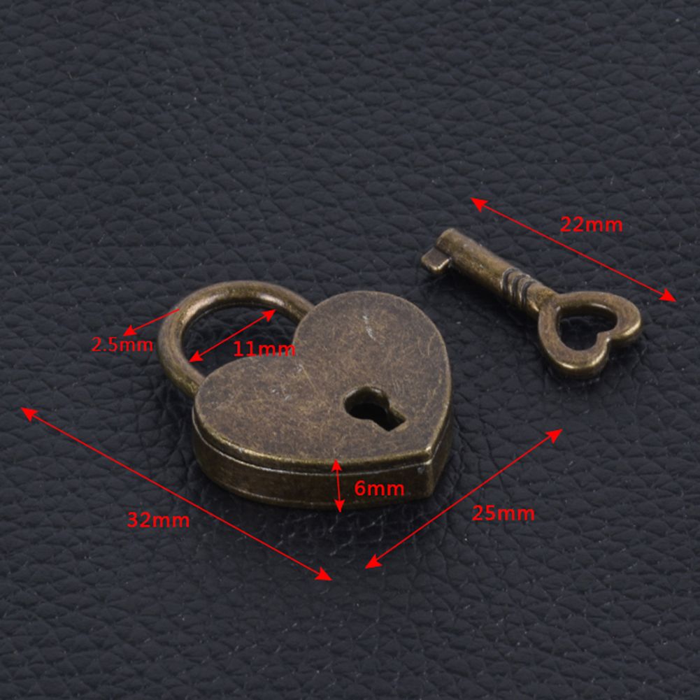 Vintage Heart Shape Mini Padlock Bag Travel Suitcase Luggage Box Case Key Lock-Antique Brass