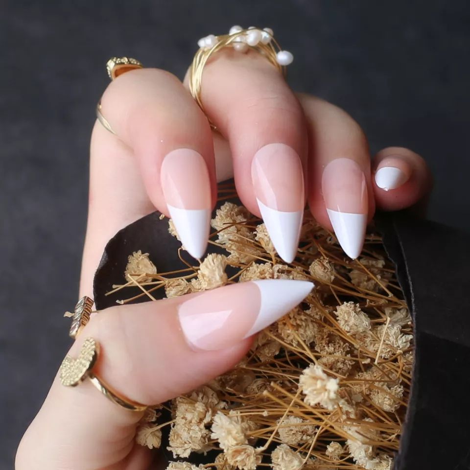 24pcs French White Tips Nude Stiletto Nails