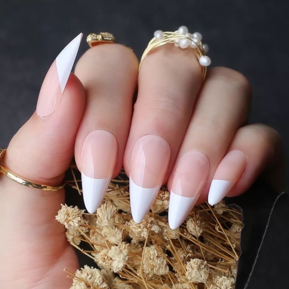 24pcs French White Tips Nude Stiletto Nails