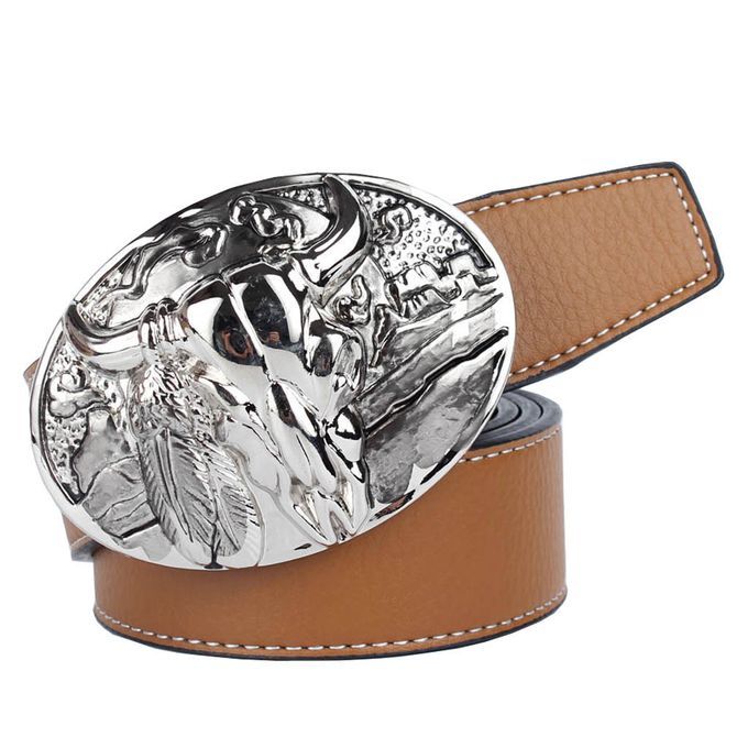 Classic Arabesque Floral Pattern Leather Western Cowboy Belt Brown-Cow