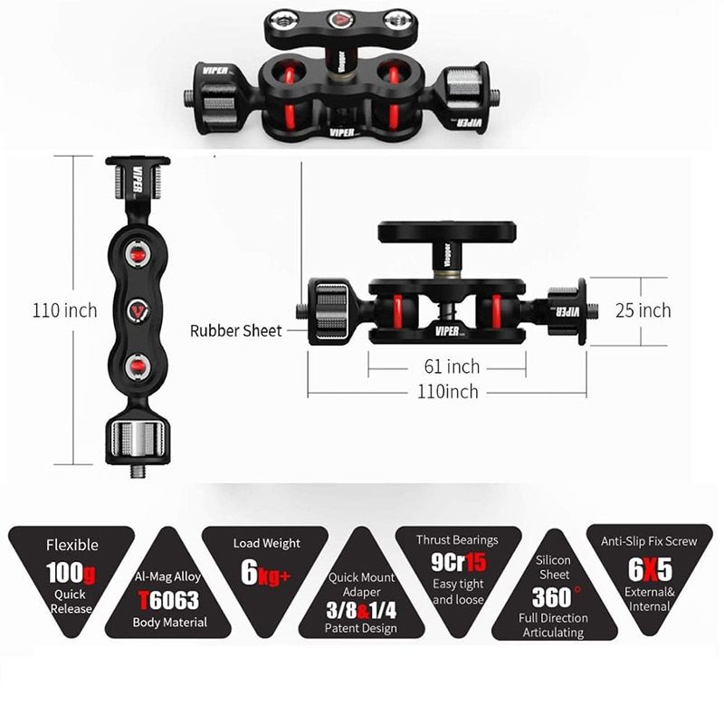 Camera Monitor Dual Ball Head Extension Arm Magic Arm Mount For DSLR Camcorders 360 Degree Rotation Bracket Butterfly Clamp