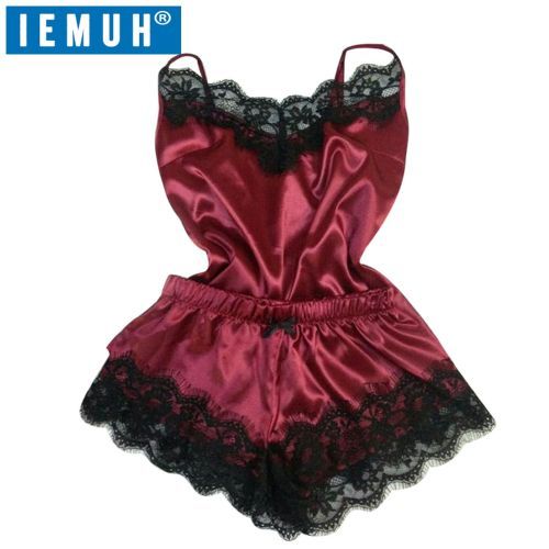 Women's Pajamas Sleepwear Sexy Satin Black Lace V-Neck Pyjama