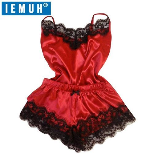 Women's Pajamas Sleepwear Sexy Satin Black Lace V-Neck Pyjama