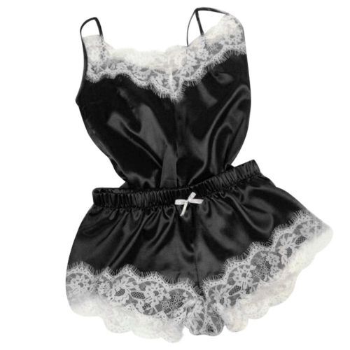 Women's Pajamas Sleepwear Sexy Satin Black Lace V-Neck Pyjama