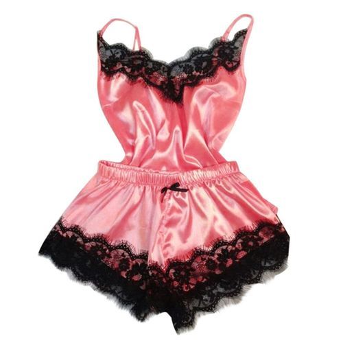Women's Pajamas Sleepwear Sexy Satin Black Lace V-Neck Pyjama