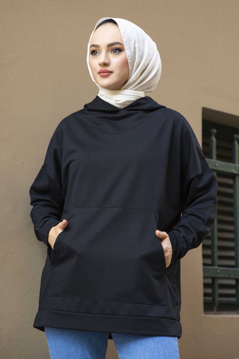 Kangaroo Pocket Sweat MD Black Winter Autumn Muslim Women Hijab-Color