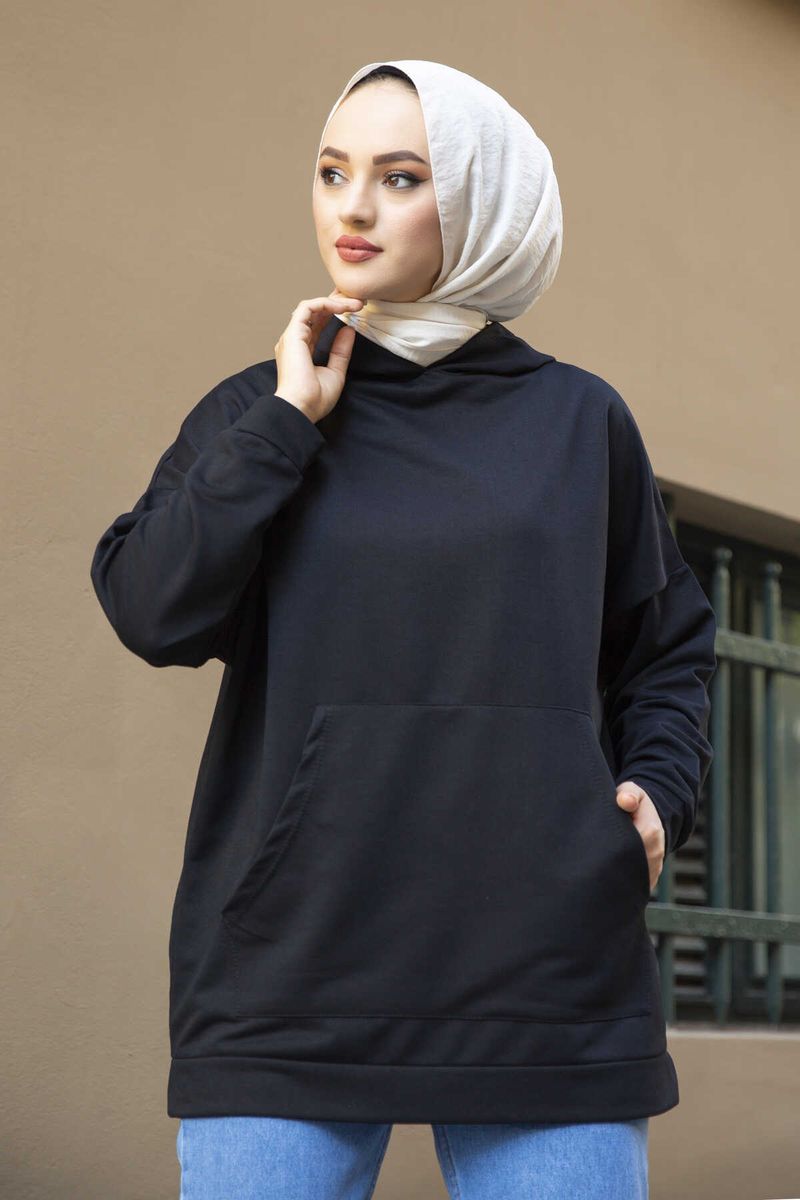 Kangaroo Pocket Sweat MD Black Winter Autumn Muslim Women Hijab-Color