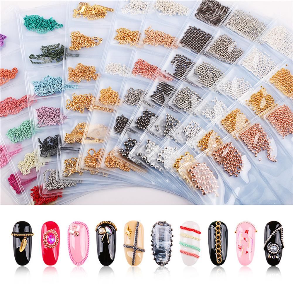 6 Grid/Bag 3D Metal Nail Art Decoration Gold Metal Chain Beads Line Multi-size DIY Manicure Nail Jewelry Decoration