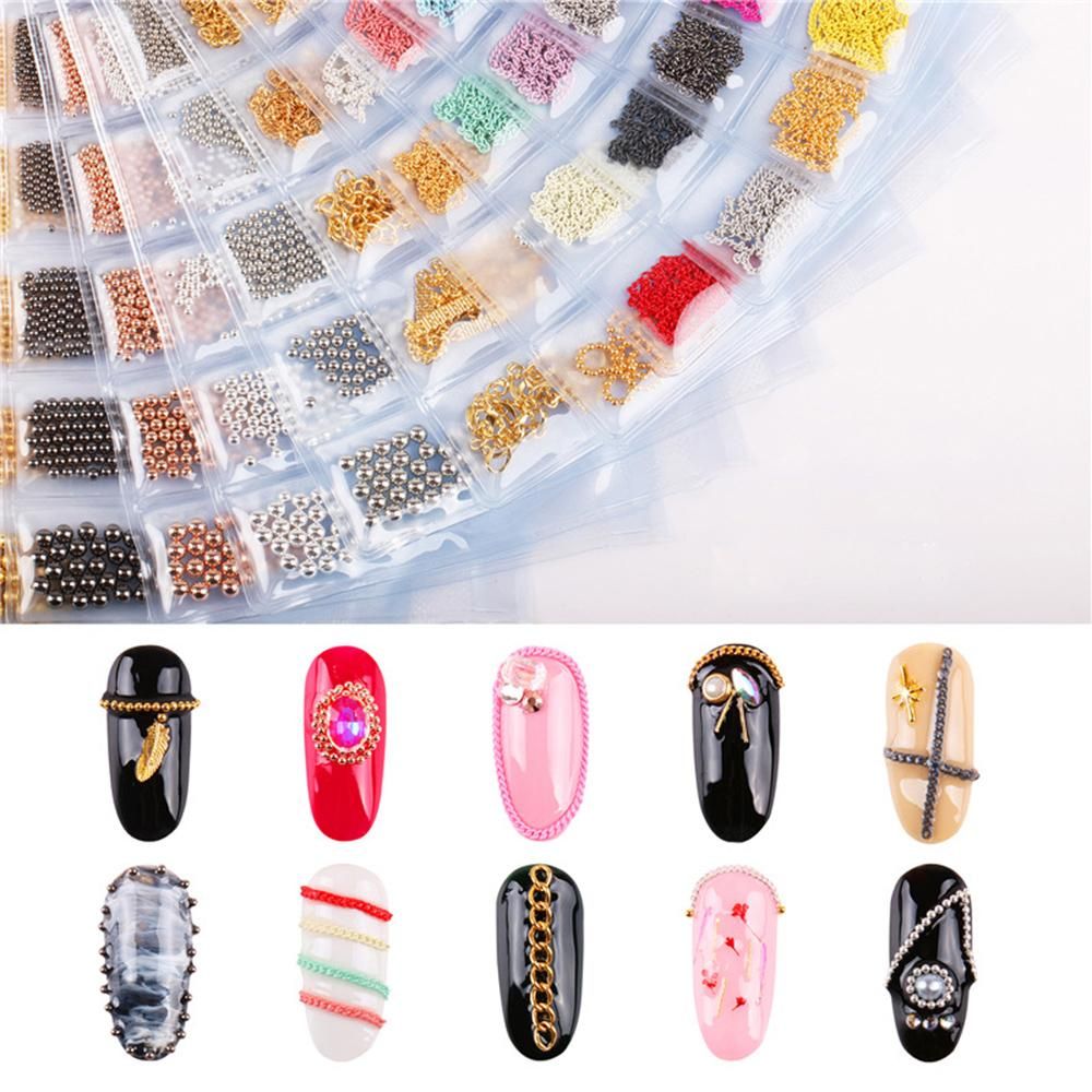 6 Grid/Bag 3D Metal Nail Art Decoration Gold Metal Chain Beads Line Multi-size DIY Manicure Nail Jewelry Decoration