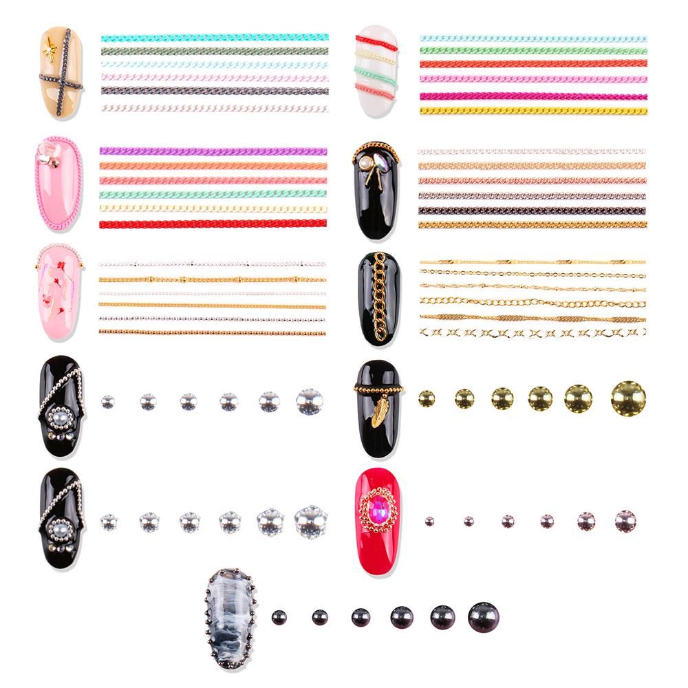 6 Grid/Bag 3D Metal Nail Art Decoration Gold Metal Chain Beads Line Multi-size DIY Manicure Nail Jewelry Decoration