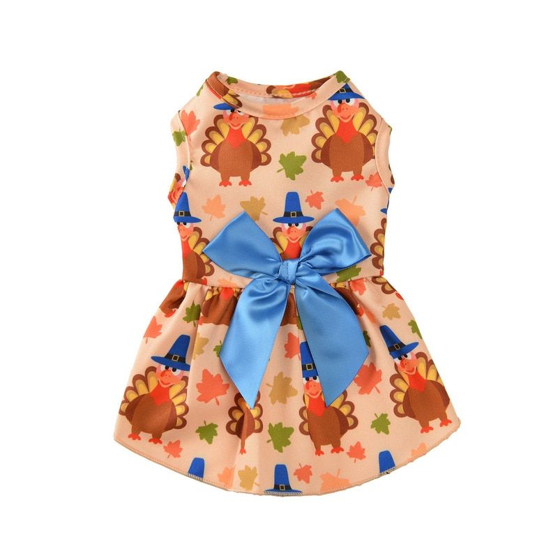 6 Colors Print Pet Cat Clothes Skirt With Bow Halloween Christmas-Apricot Turkey