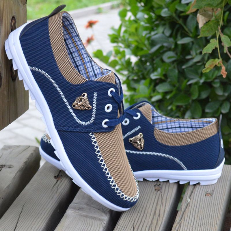 Men Canvas Larger Size 40-47 Fashion Shoes Blocking Design - Brown&Blue