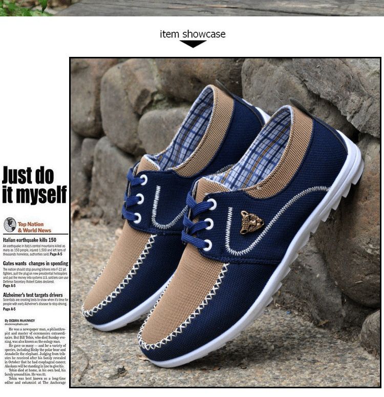 Men Canvas Larger Size 40-47 Fashion Shoes Blocking Design - Brown&Blue