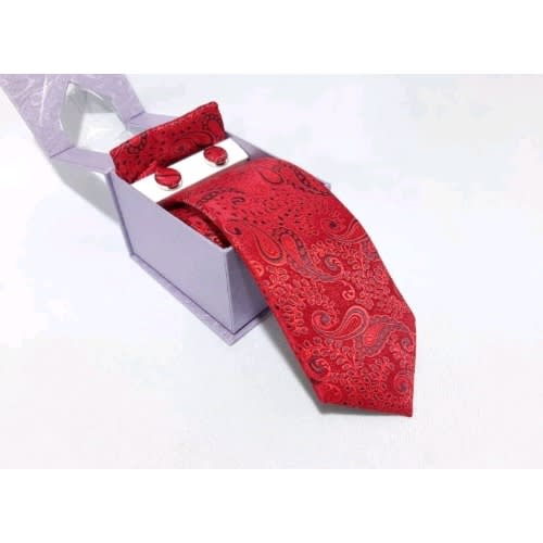 Men's Quality Tie Pocket Square And Cufflinks Red