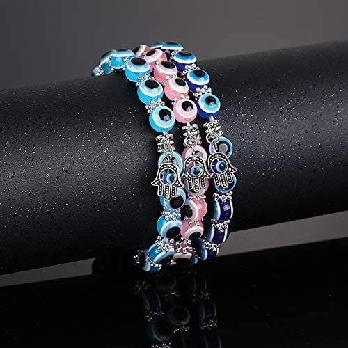4 Pcs Evil Eye Bead Bracelet Hamsa Hand Fatima Charm Stretch