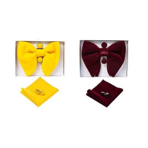 Bowknot Ties Pocket Square And Cufflinks - Yellow/wine - 2pcs