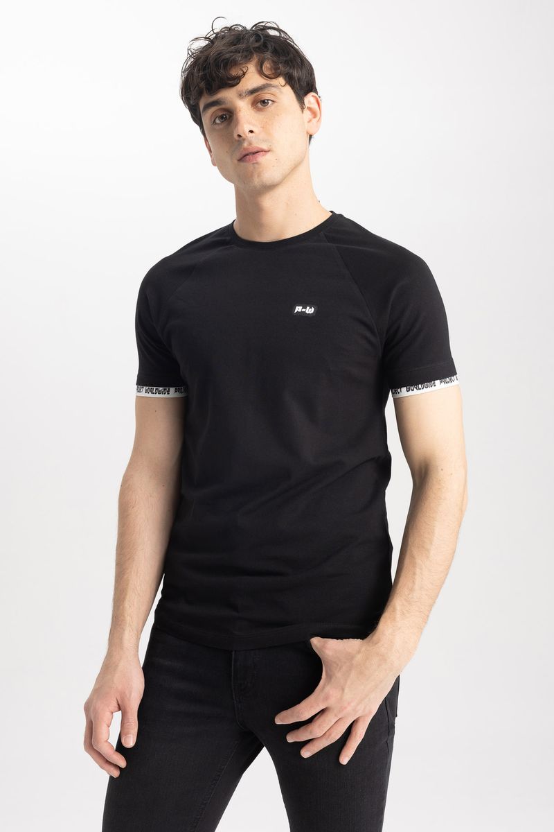 Man Young Muscle Fit Crew Neck Short Sleeve Knitted T-Shirt - Black