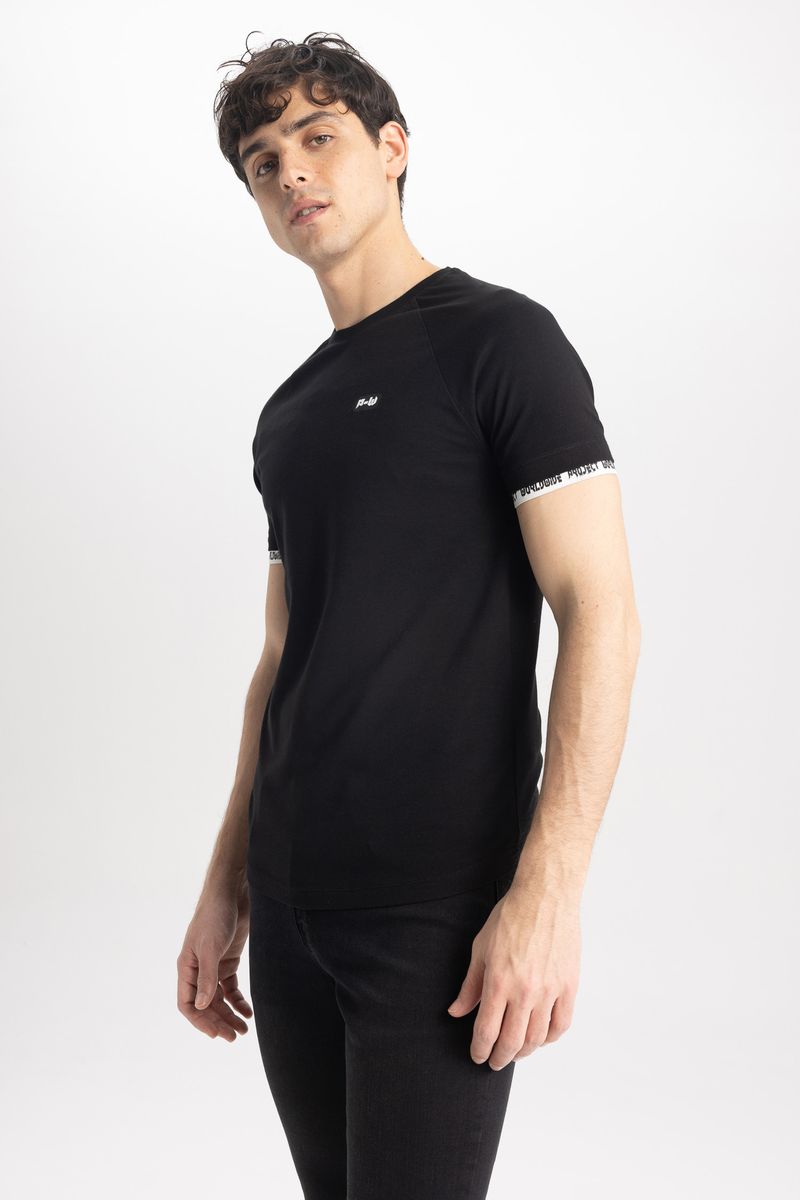 Man Young Muscle Fit Crew Neck Short Sleeve Knitted T-Shirt - Black