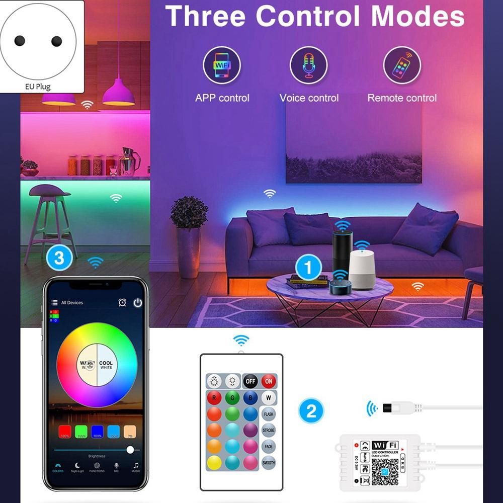 SMD5050 RGB LED Lights with Remote Control Smartphone App to Control LED Lights for Bedroom Bar Room DIY 20M EU Plug