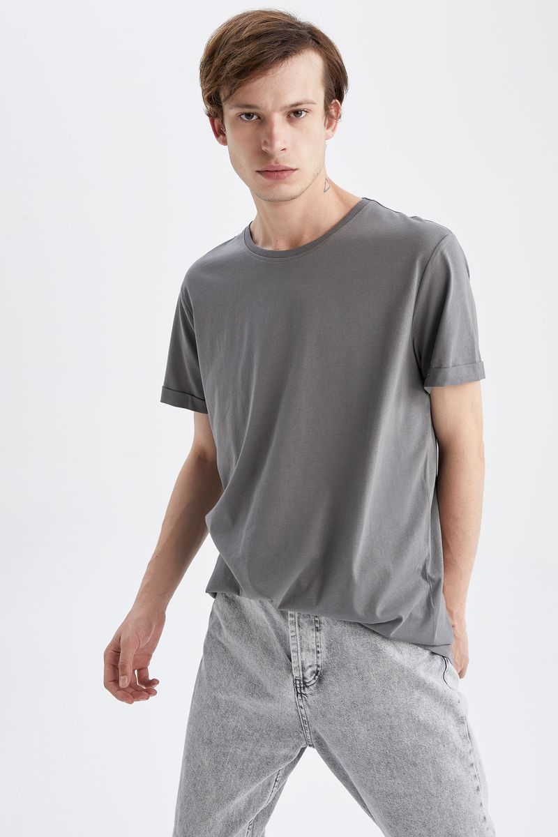 Man - Long Fit Crew Neck Short Sleeve Knitted T-Shirt - Grey