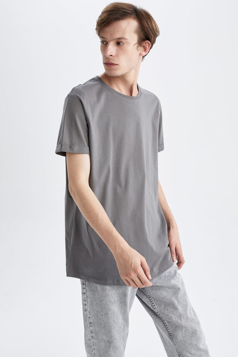Man - Long Fit Crew Neck Short Sleeve Knitted T-Shirt - Grey