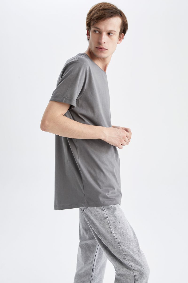Man - Long Fit Crew Neck Short Sleeve Knitted T-Shirt - Grey