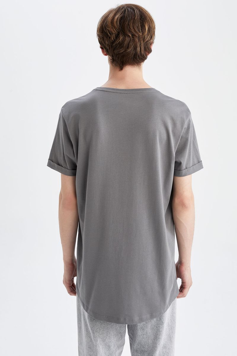 Man - Long Fit Crew Neck Short Sleeve Knitted T-Shirt - Grey