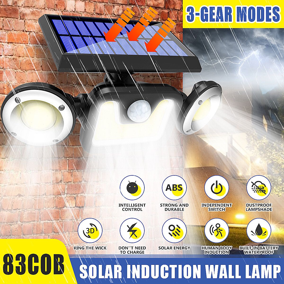 3-Head Solar Wall Light Outdoor IR Motion Sensor Waterproof Rotatable Outdoor Solar Security Lights For Yard Garden Garage Patio Porch 1PC