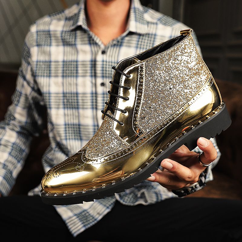 Men Sequined Leather Boots Fashion Pointed Martin Ankle Chelsea Boots