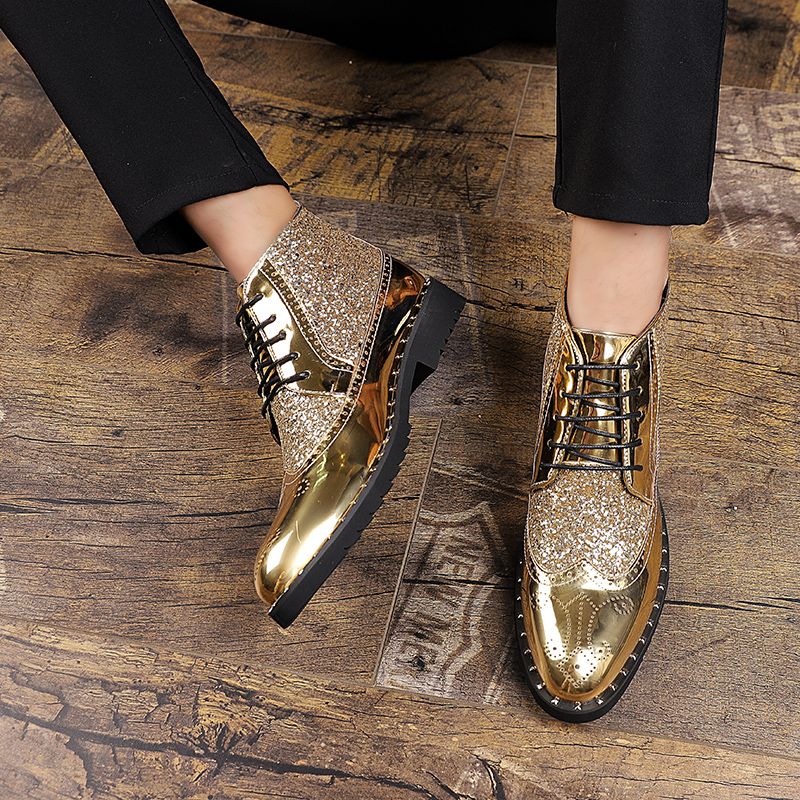 Men Sequined Leather Boots Fashion Pointed Martin Ankle Chelsea Boots