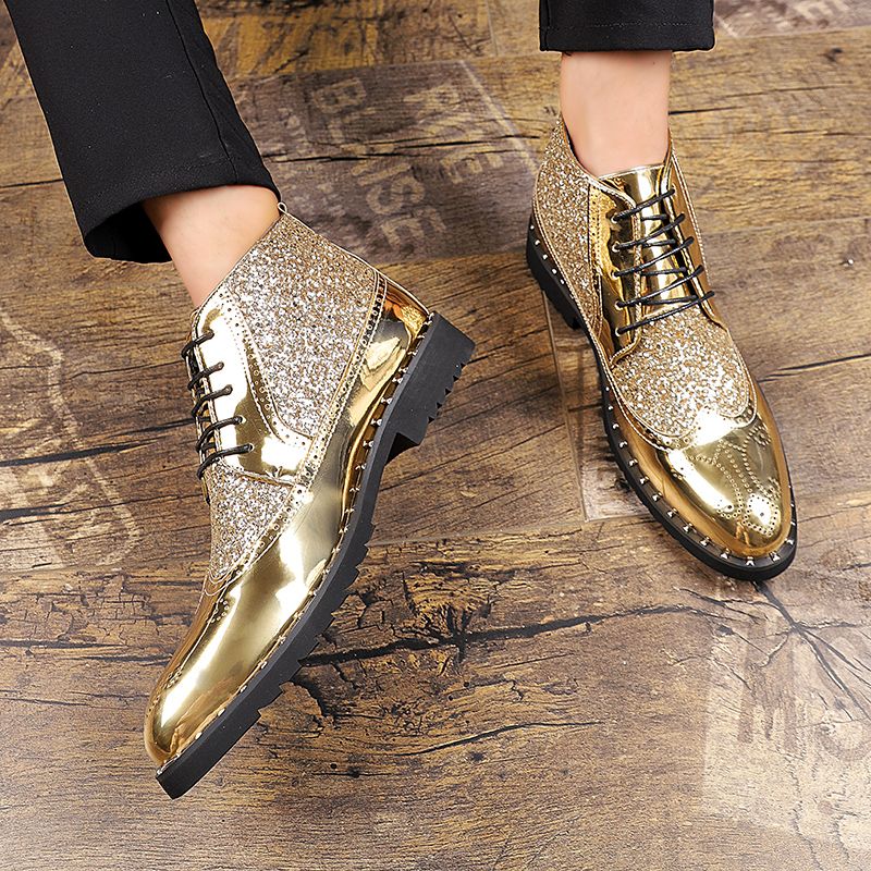 Men Sequined Leather Boots Fashion Pointed Martin Ankle Chelsea Boots