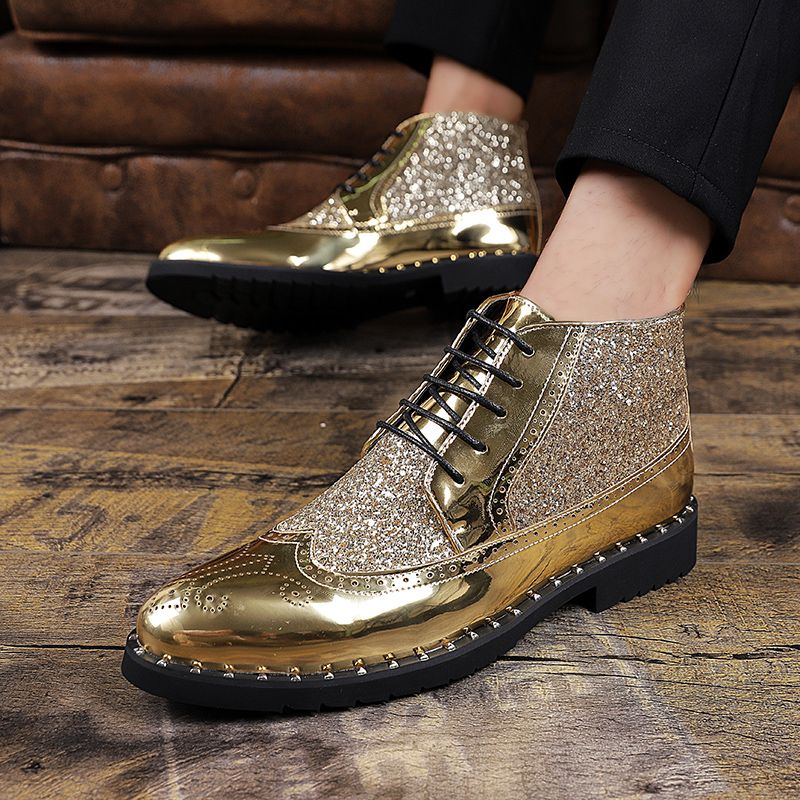 Men Sequined Leather Boots Fashion Pointed Martin Ankle Chelsea Boots