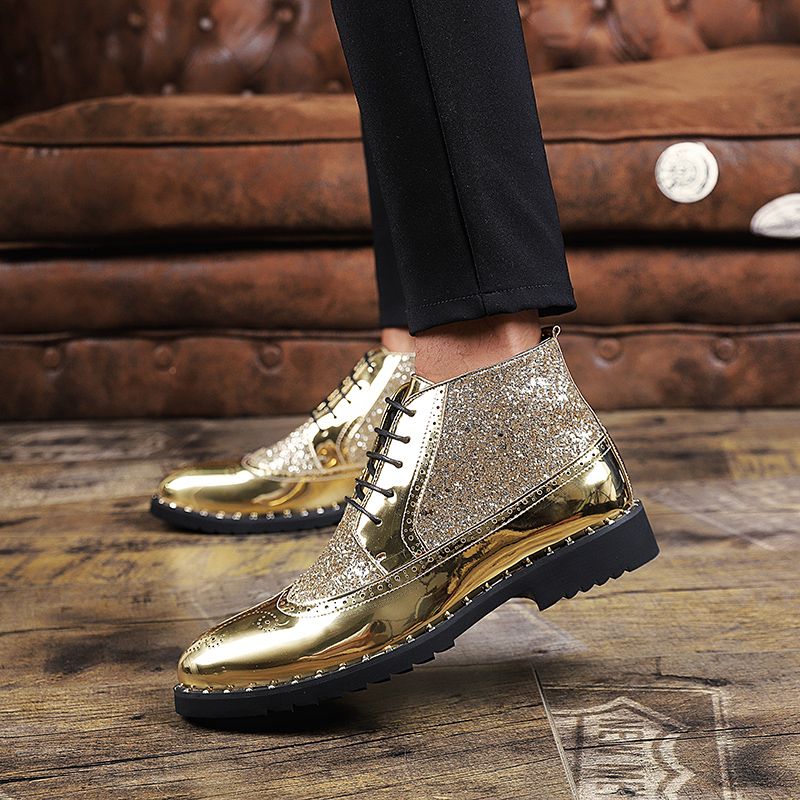 Men Sequined Leather Boots Fashion Pointed Martin Ankle Chelsea Boots