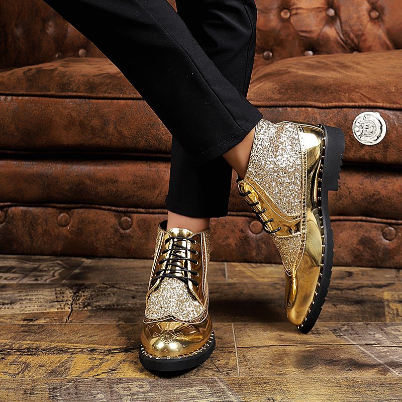 Men Sequined Leather Boots Fashion Pointed Martin Ankle Chelsea Boots