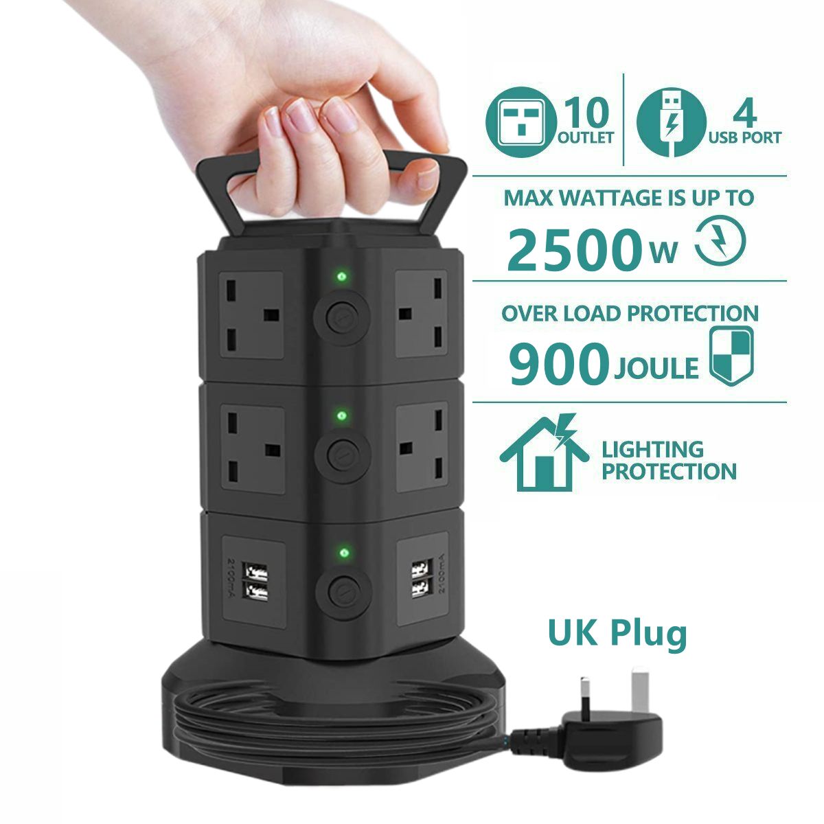 4 USB Power Strip Tower UK Plug Adapter With 10 Outlets