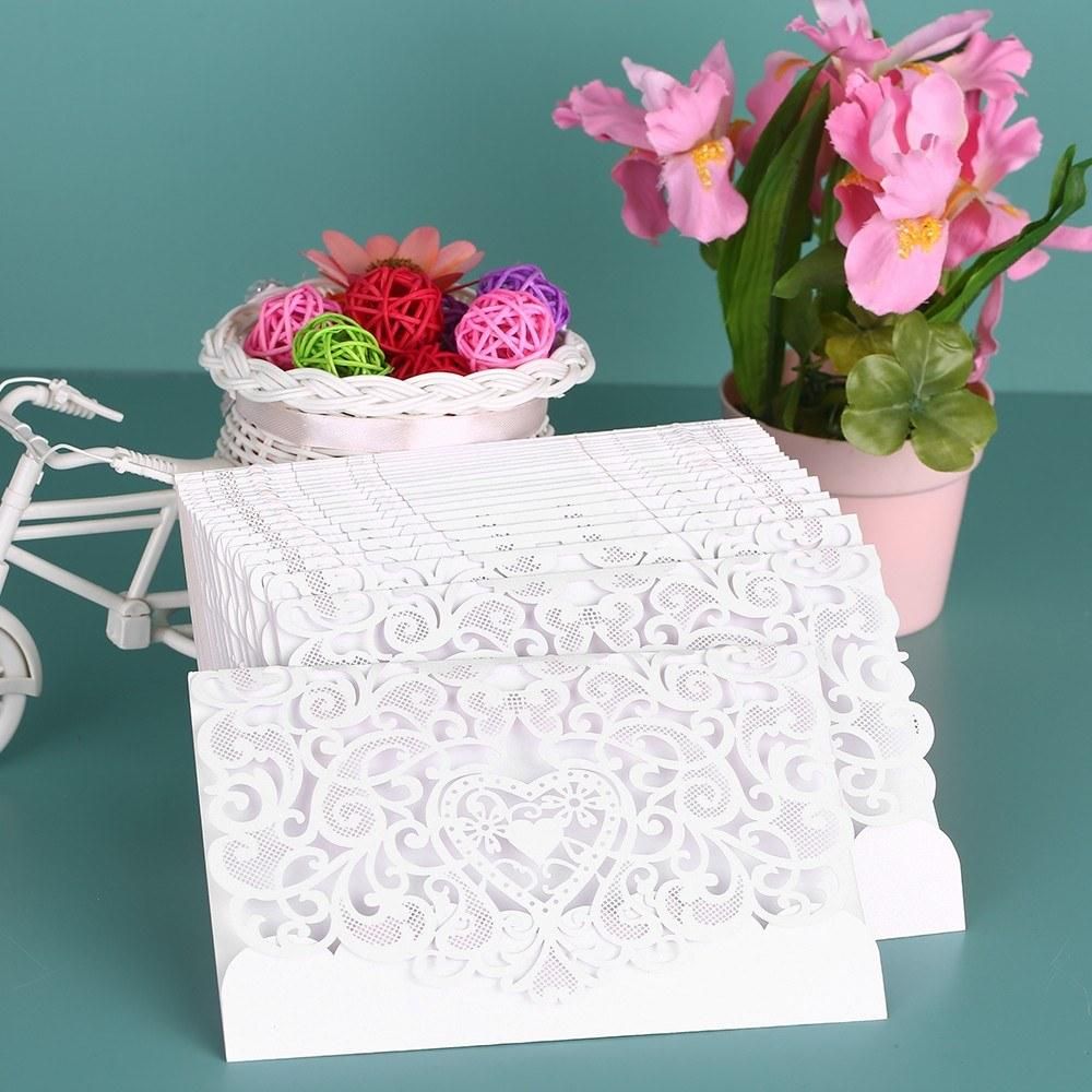 10pcs/set Wedding Invitation Card Cover Pearl Paper Laser Cut Hollow Heart Pattern Invitation Cards Wedding Anniversary Supplies--White