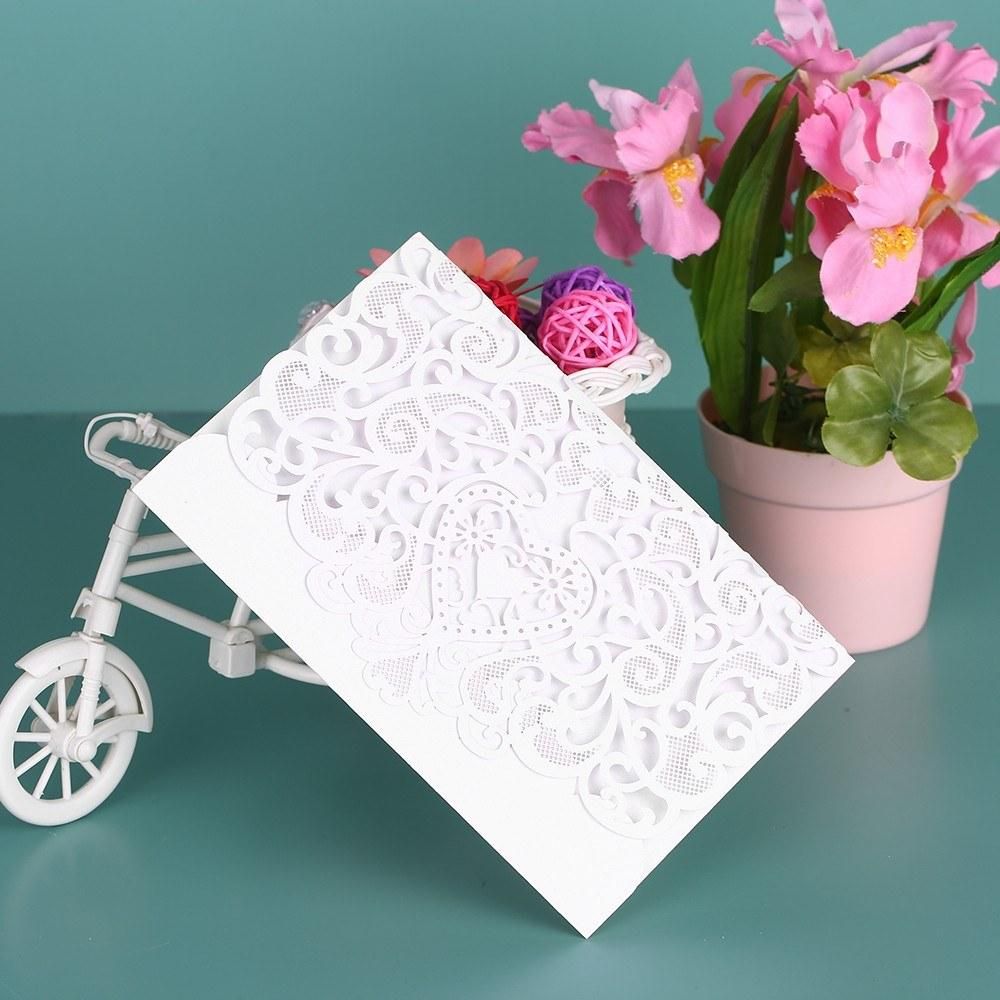 10pcs/set Wedding Invitation Card Cover Pearl Paper Laser Cut Hollow Heart Pattern Invitation Cards Wedding Anniversary Supplies--White