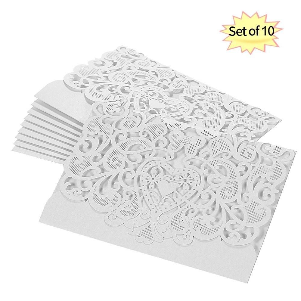 10pcs/set Wedding Invitation Card Cover Pearl Paper Laser Cut Hollow Heart Pattern Invitation Cards Wedding Anniversary Supplies--White